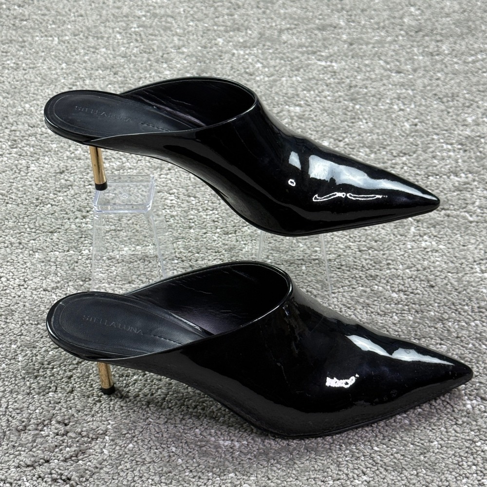 Stella Luna Mules Womens 38.5 Black Patent Leather Pointed Toe Gold Heel